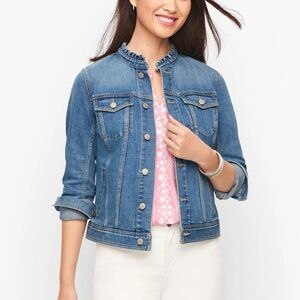 Talbots Blue Jean Jacket with Ruffle Collar